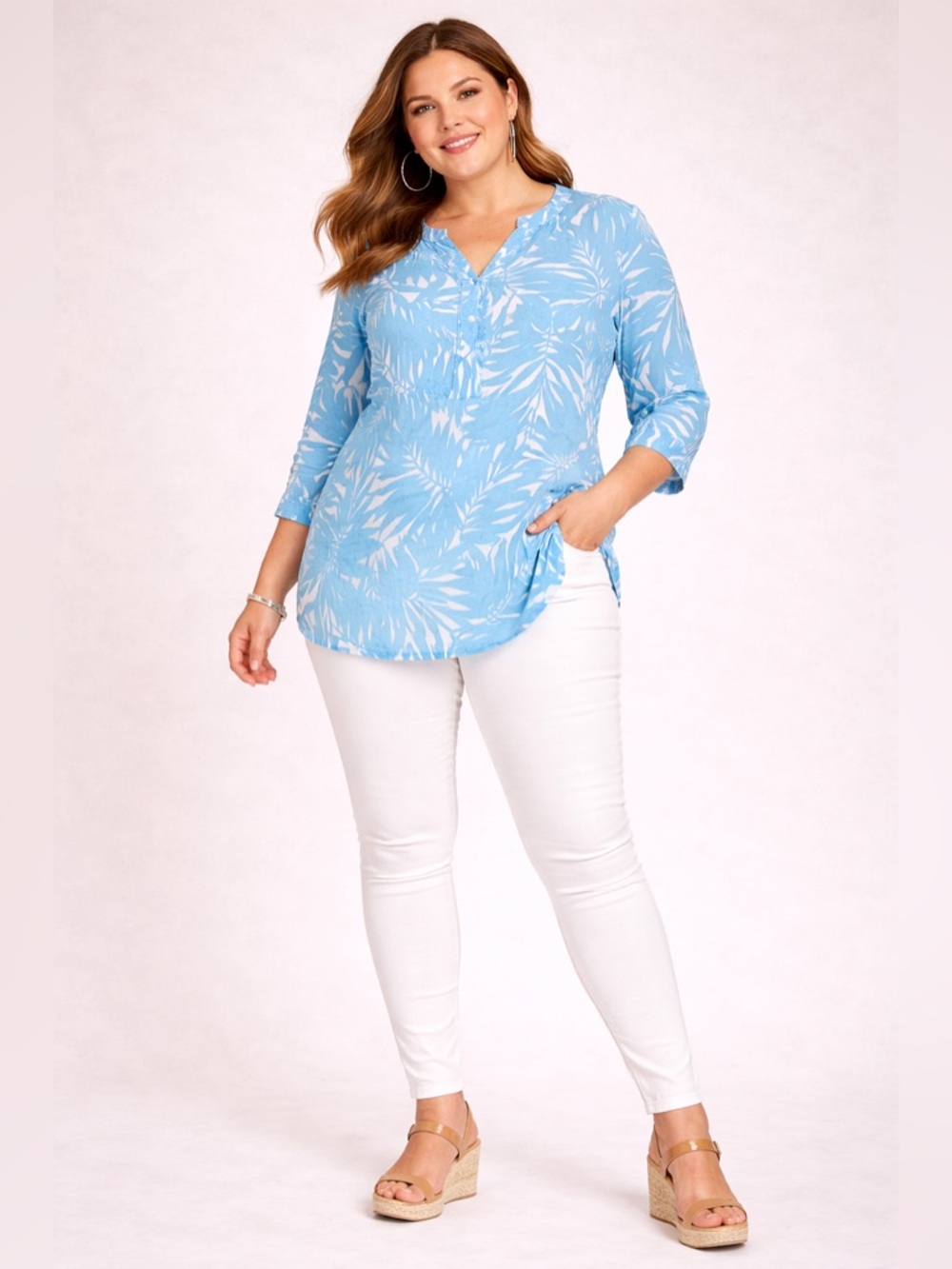 Talbots Blue and White Leaf Print Tunic